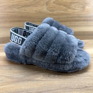 UGG Womens Slippers 7 Gray Fluff Yeah Shearling Fur Slingback Comfort